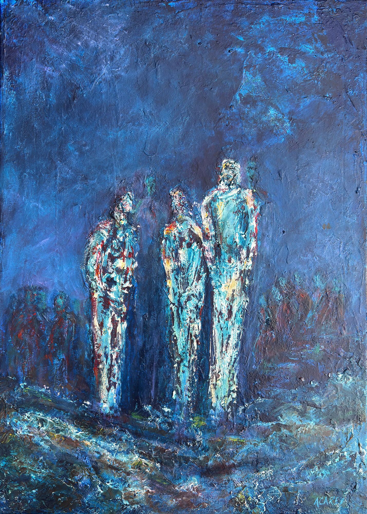 Nocturnal Assembly by Anthony Carey, a textured blue figurative painting showing three tall, fragmented figures surrounded by smaller shadowy forms.