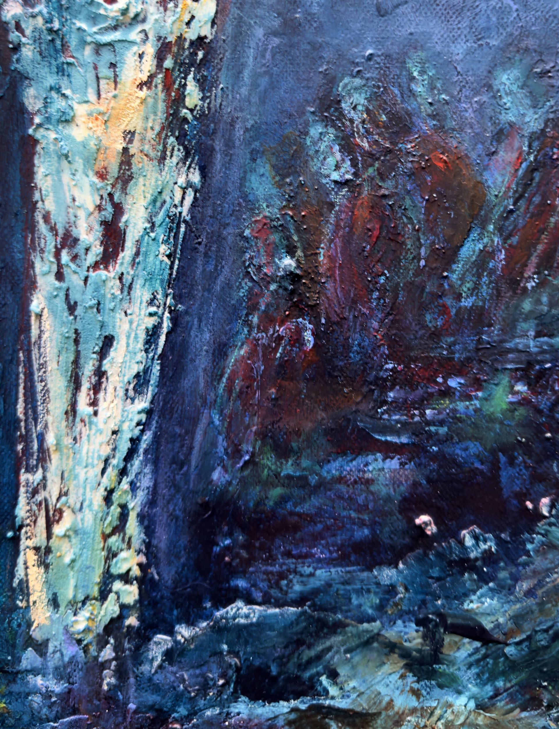Detail of Nocturnal Assembly showing the edge of a pale textured figure beside a shadowy group of partially concealed forms.