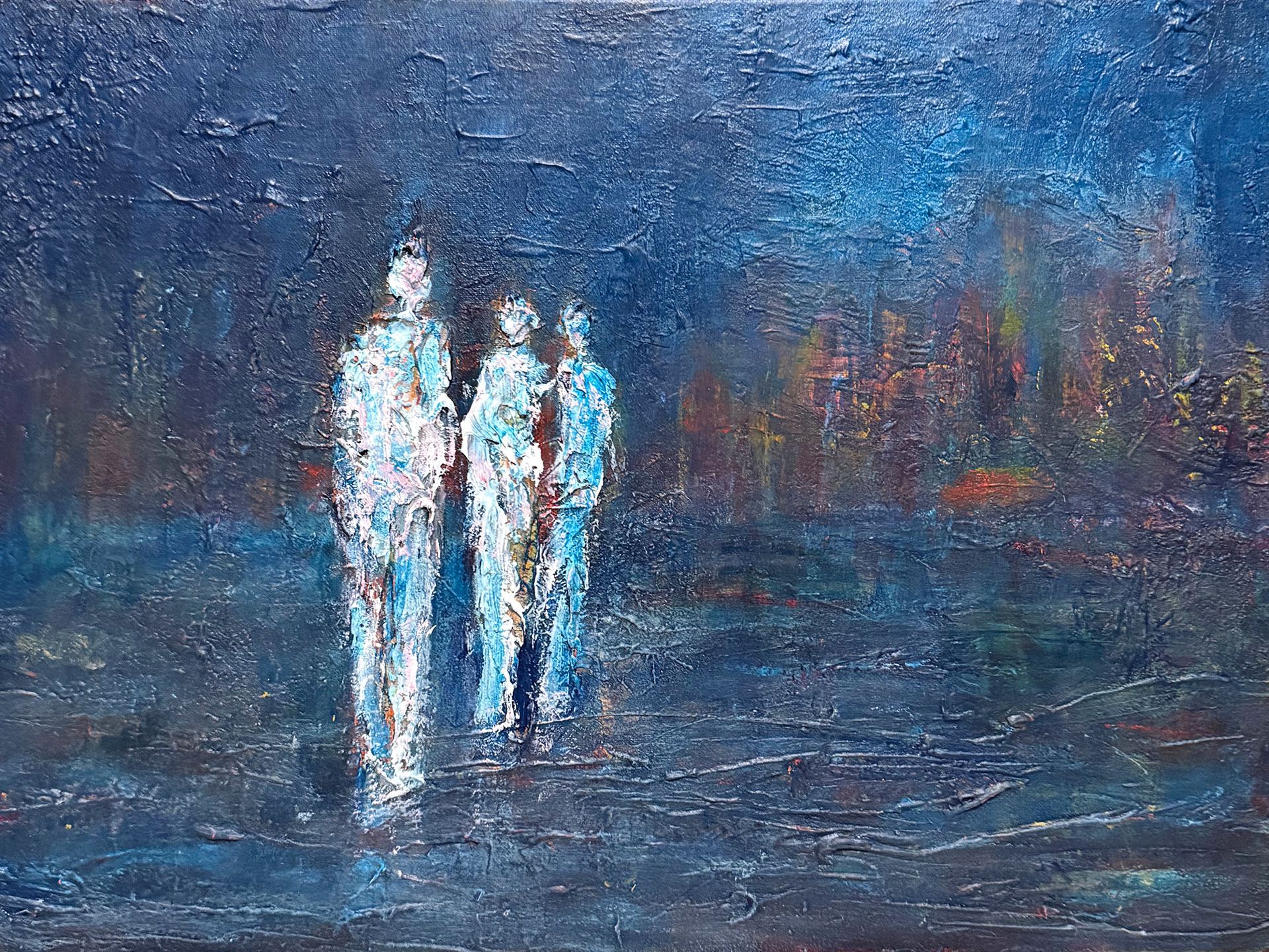 Pilgrimage of Shadow by Anthony Carey, a dark blue textured painting showing three pale, fragmented figures gathered within an indistinct nocturnal landscape.