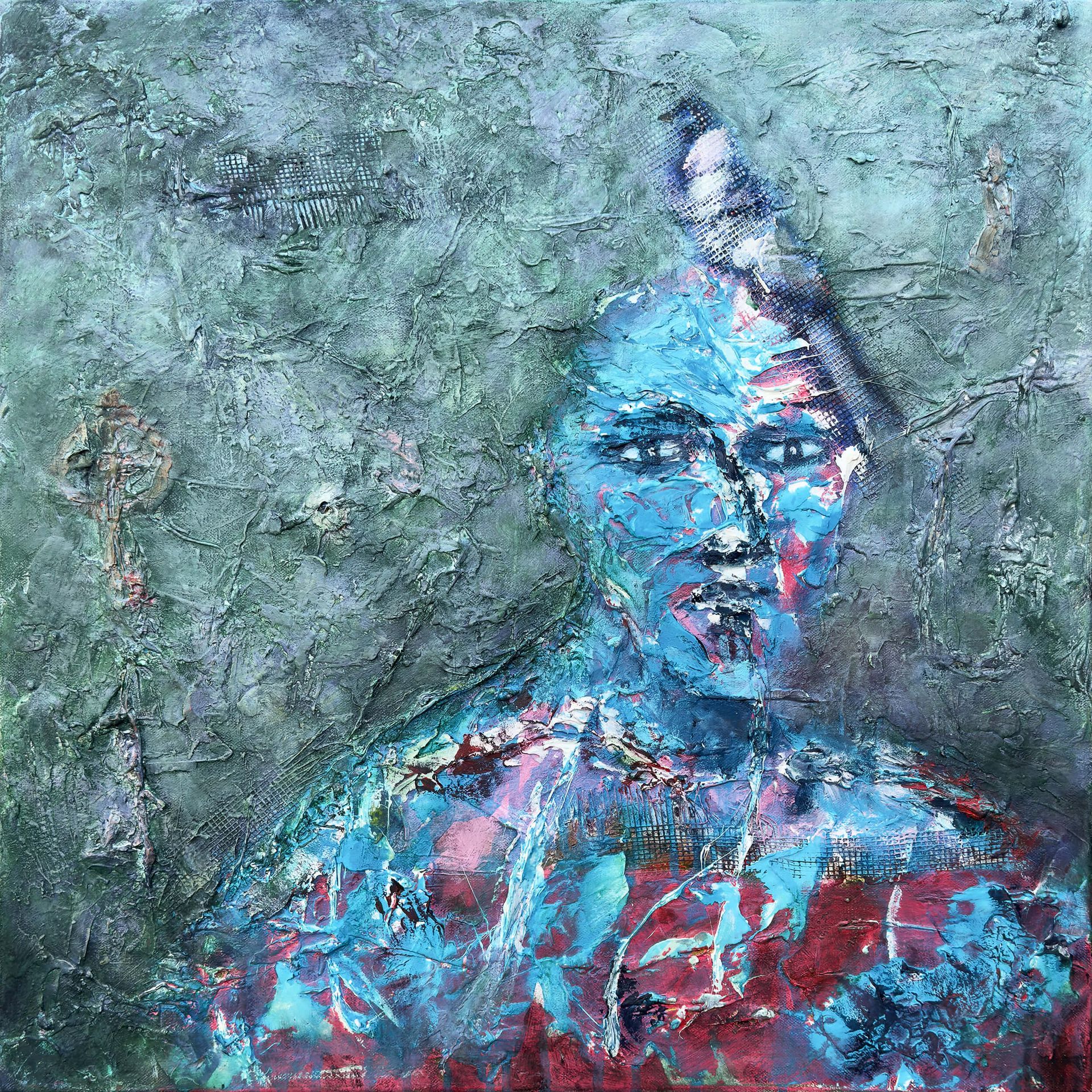 Relic of the Divided Self, textured mixed-media figurative painting by Irish artist Anthony Carey