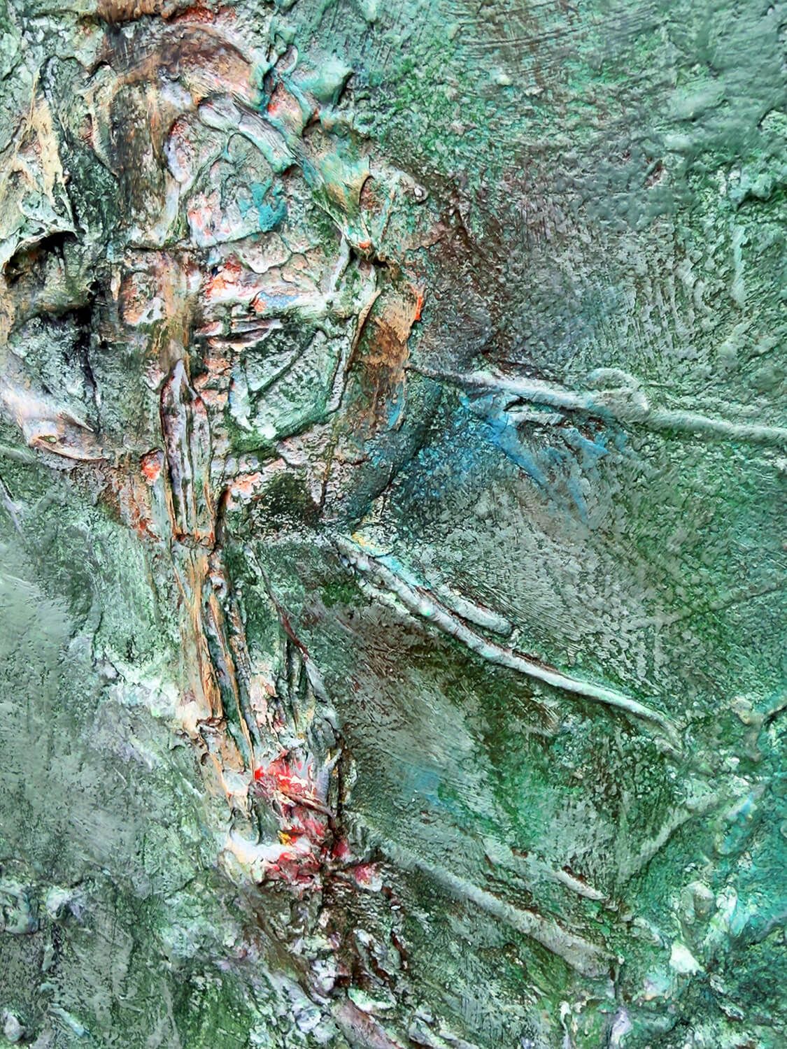 Partial profile and cruciform form emerging from the textured surface of Relic of the Divided Self