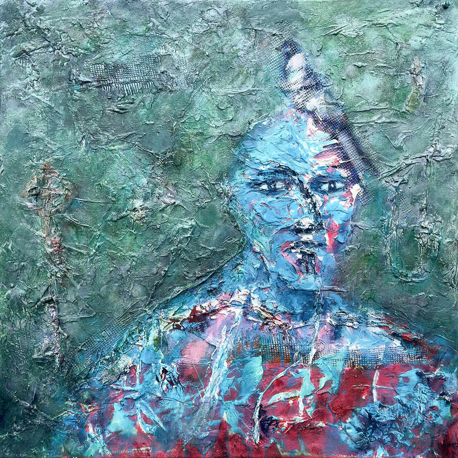 Relic of the Divided Self, textured mixed-media figurative painting by Irish artist Anthony Carey