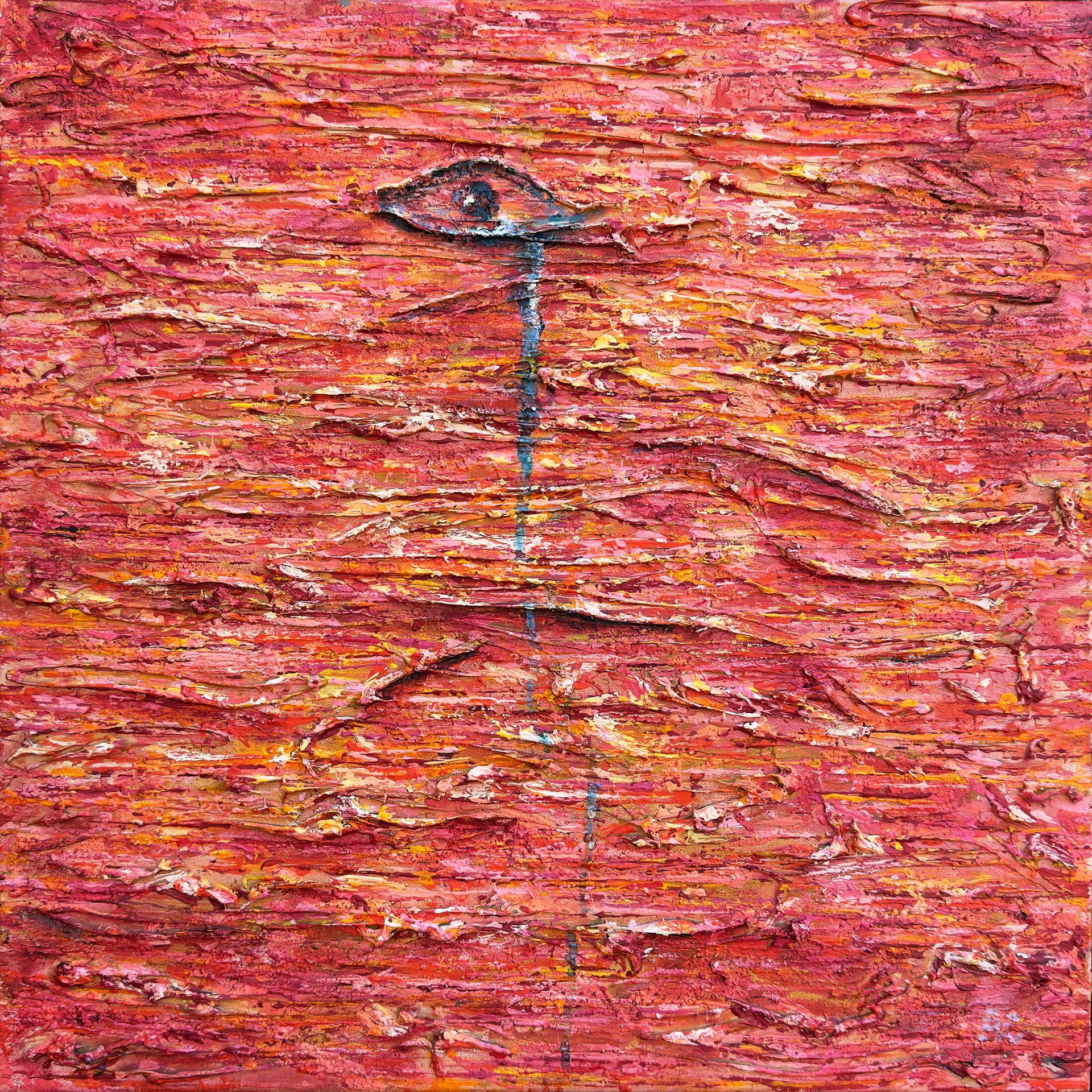 Seen and Unspoken, a heavily textured red abstract painting with a dark eye-like form and vertical blue mark, by Anthony Carey.