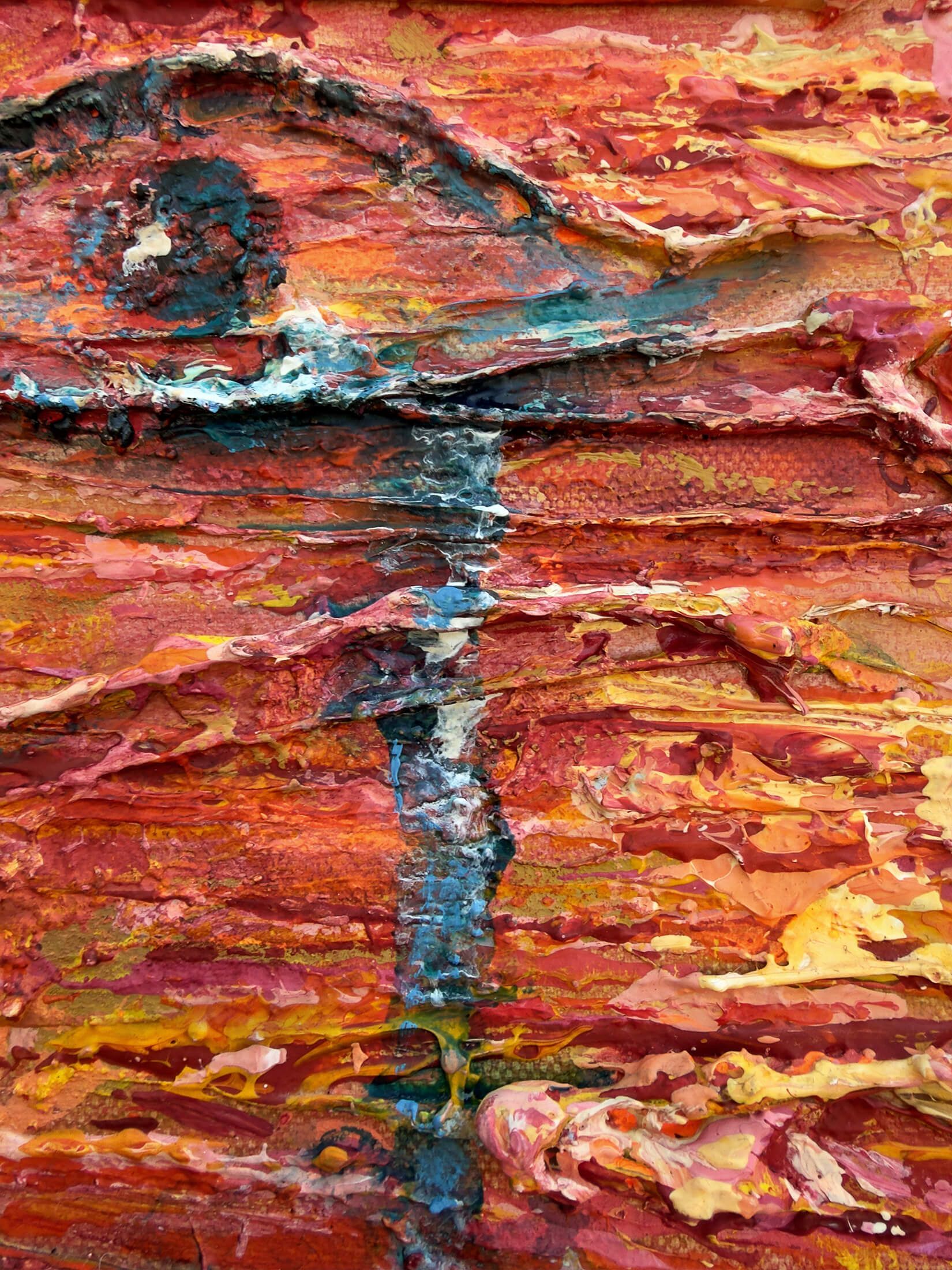 Close-up of Seen and Unspoken showing the dark eye-like form emerging from thick layers of red, orange and blue paint.