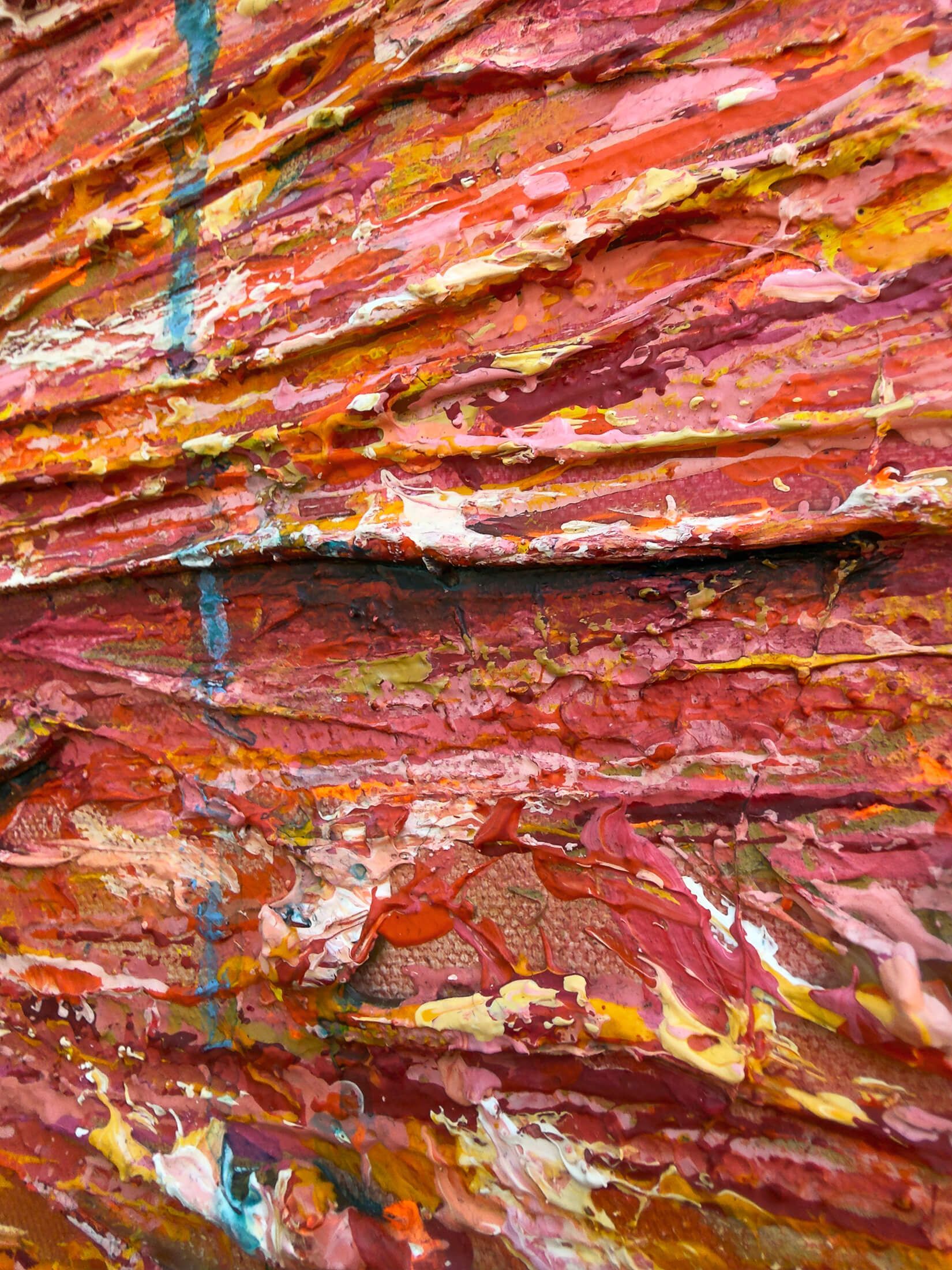 Textured detail of Seen and Unspoken showing scraped red and orange layers crossed by a narrow blue vertical mark