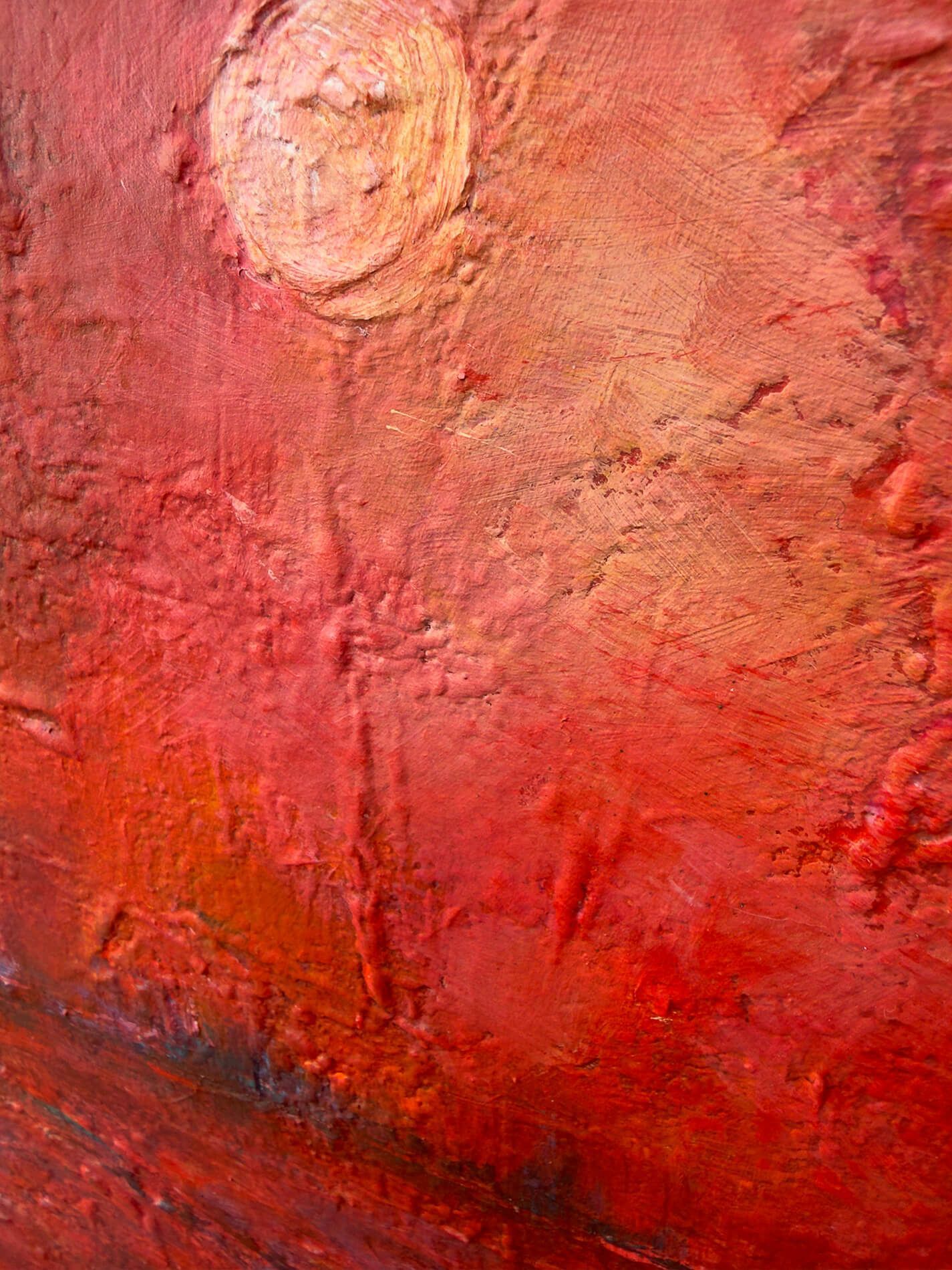 Detail of Silent Witness showing the pale circular light and faint solitary figure emerging from the textured red surface.