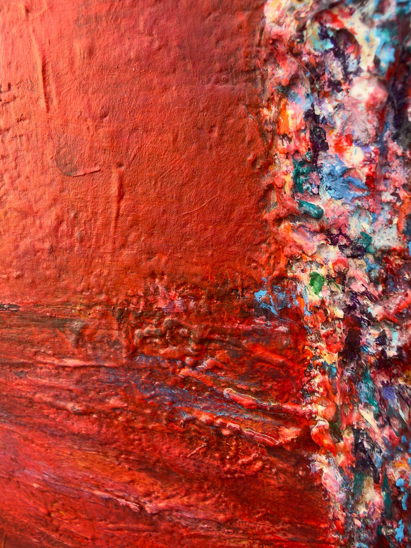 Detail of Silent Witness showing layered red paint, scraped marks and a heavily textured vertical form