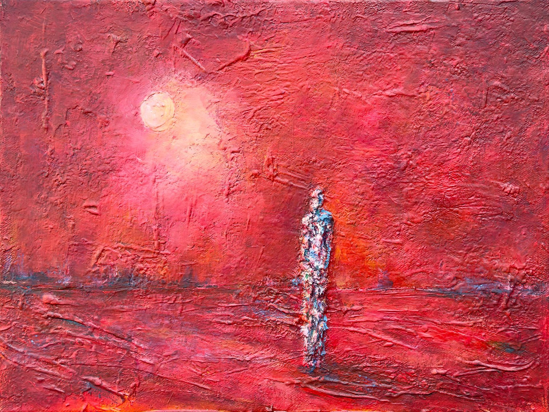 Silent Witness by Anthony Carey, a heavily textured red painting showing a solitary fragmented figure beneath a pale circular light.