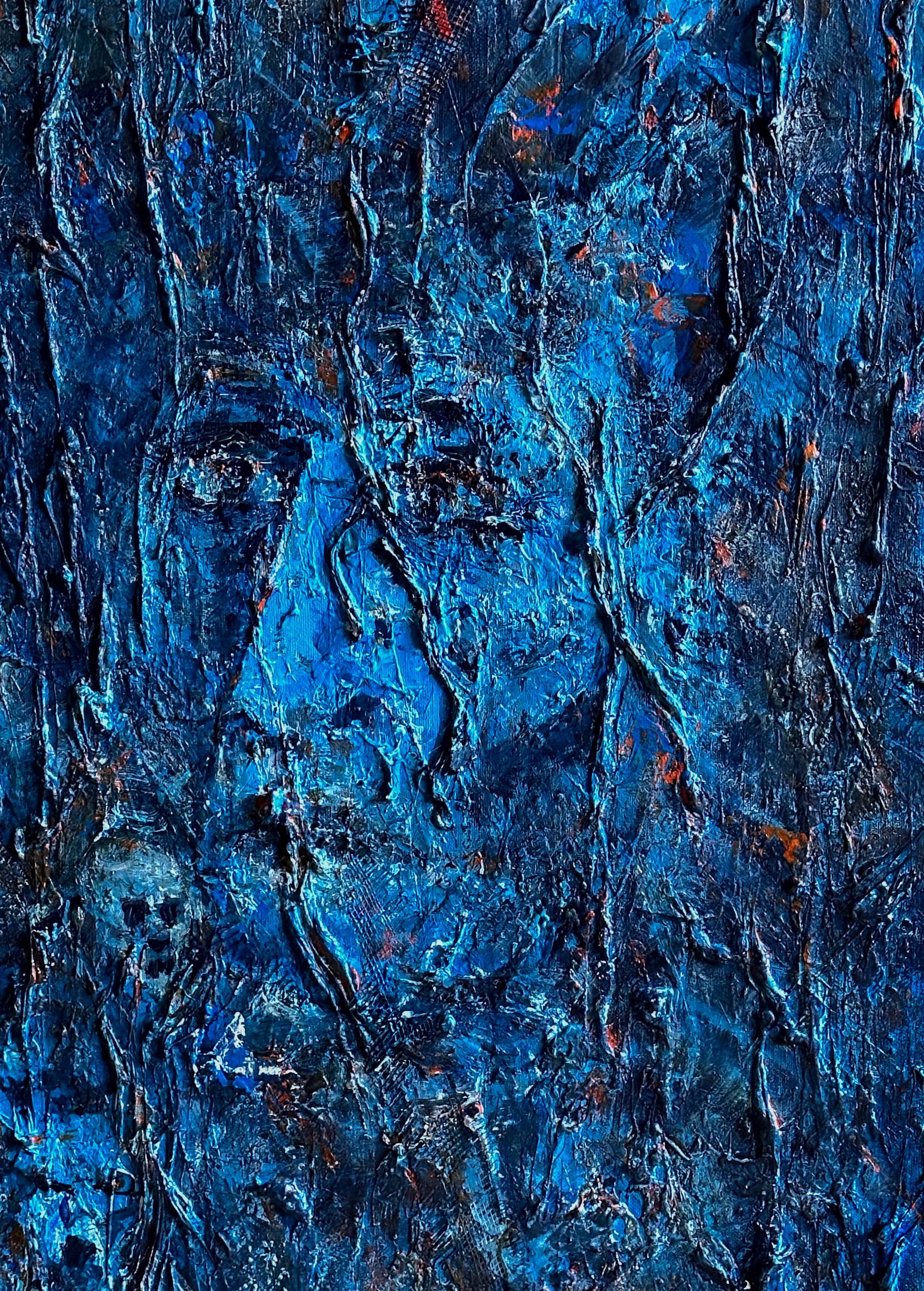 A close up view showing a textured face in The Ancestors Painting by Anthony Carey