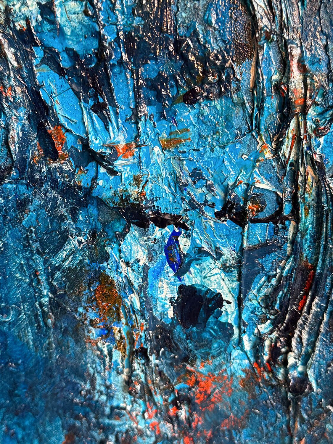 Detail of The Ancestors showing a dark wolf-like form emerging above heavily textured blue paint with orange accents.
