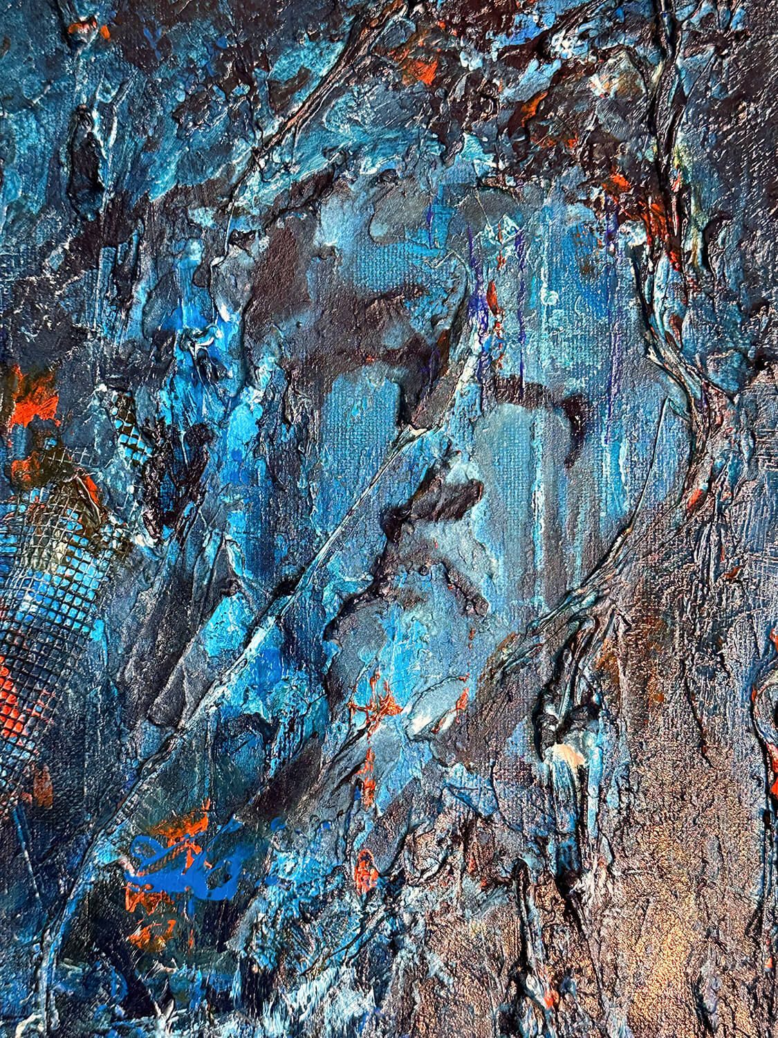 Detail of The Ancestors showing a partially concealed pale-blue face beside exposed black mesh and broken layers of paint.
