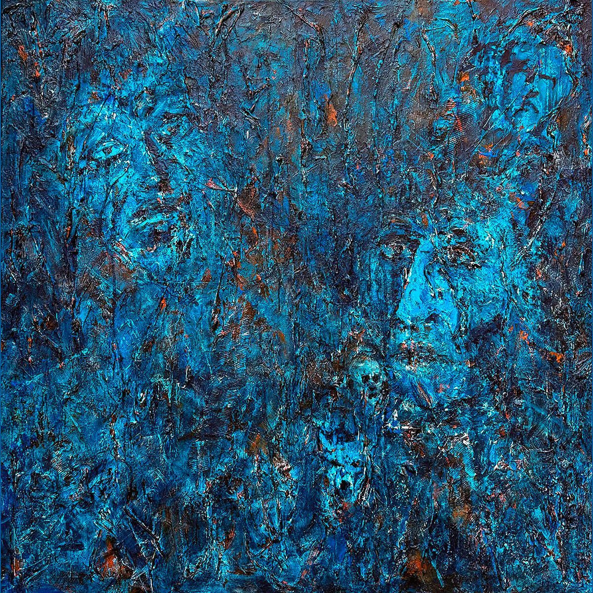 Ghostly faces emerge from a textured, archival surface; evokes memory, presence, and ancestral lineage.
