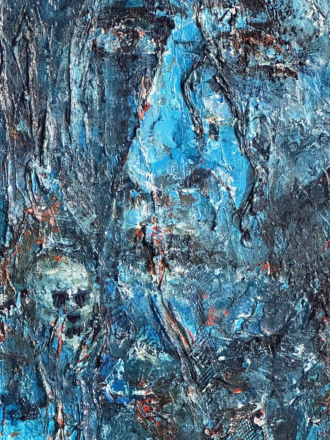 Detail of The Ancestors showing a large blue face and a smaller skull-like form emerging from densely layered paint.