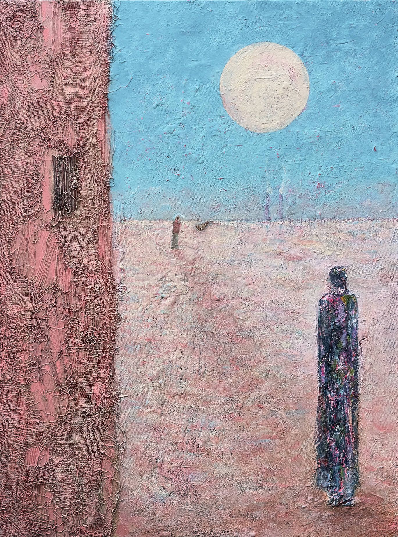 The Last Fisherman, a textured pale blue and pink landscape with Poolbeg towers and a large white sun.
