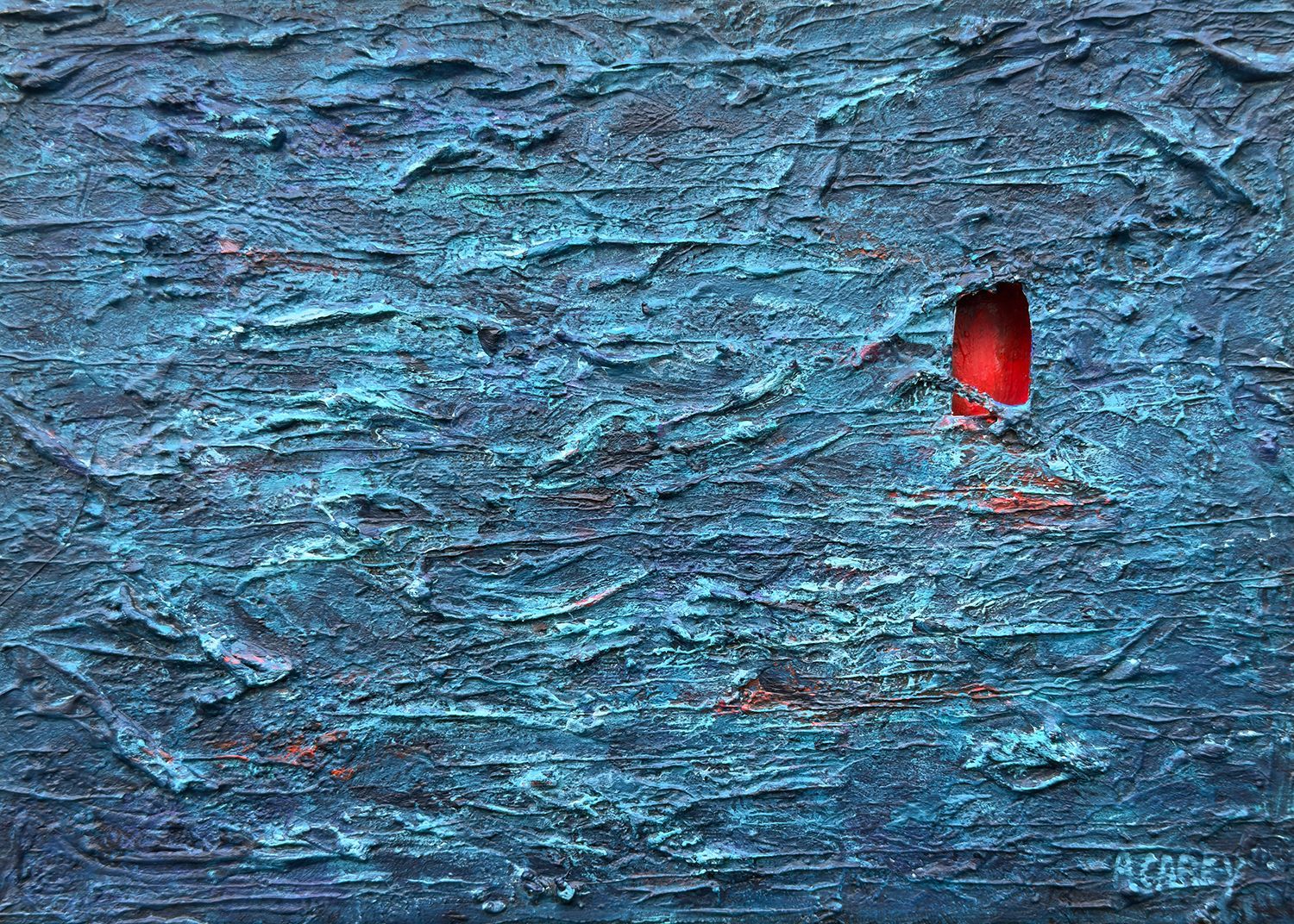 The Lie Was the Door by Anthony Carey, a textured blue mixed-media painting with a small red recess cut into the canvas.