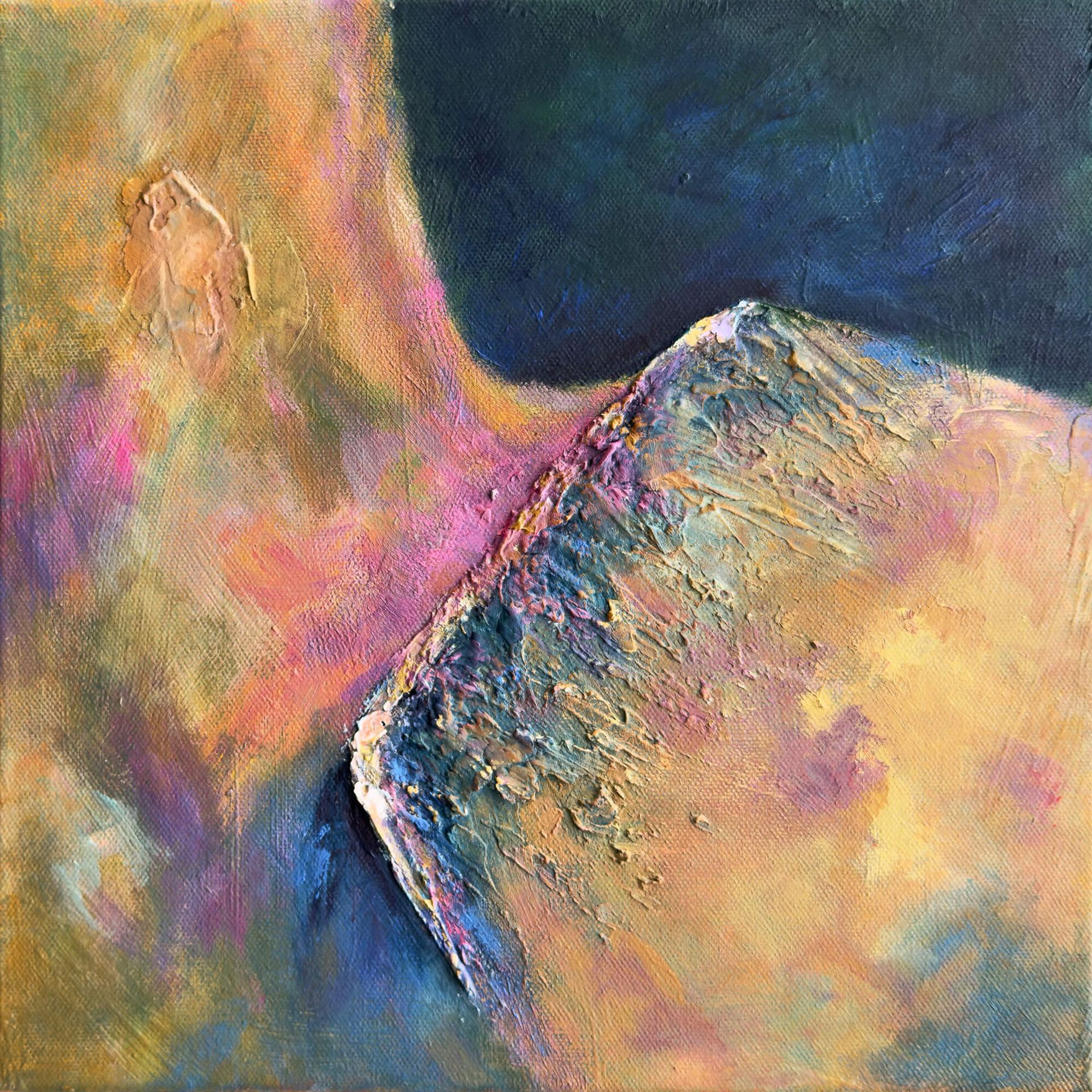 Abstract figurative painting of a tightly cropped headless torso with a raised shoulder, rendered in layered acrylic and plaster with pink, ochre, blue and green