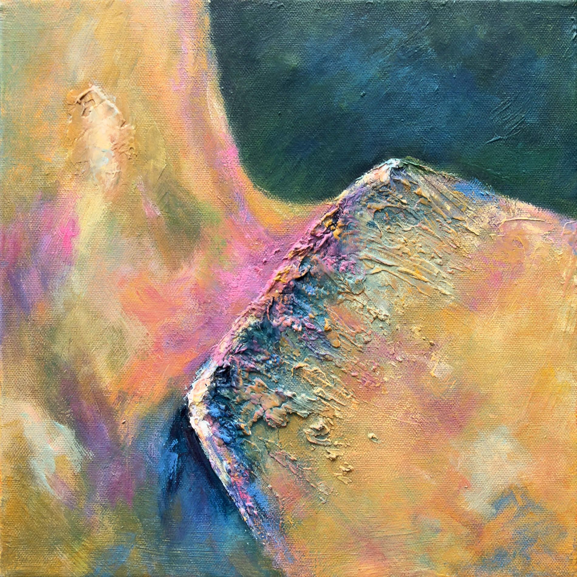 Abstract figurative painting of a tightly cropped headless torso with a raised shoulder, rendered in layered acrylic and plaster with pink, ochre, blue and green