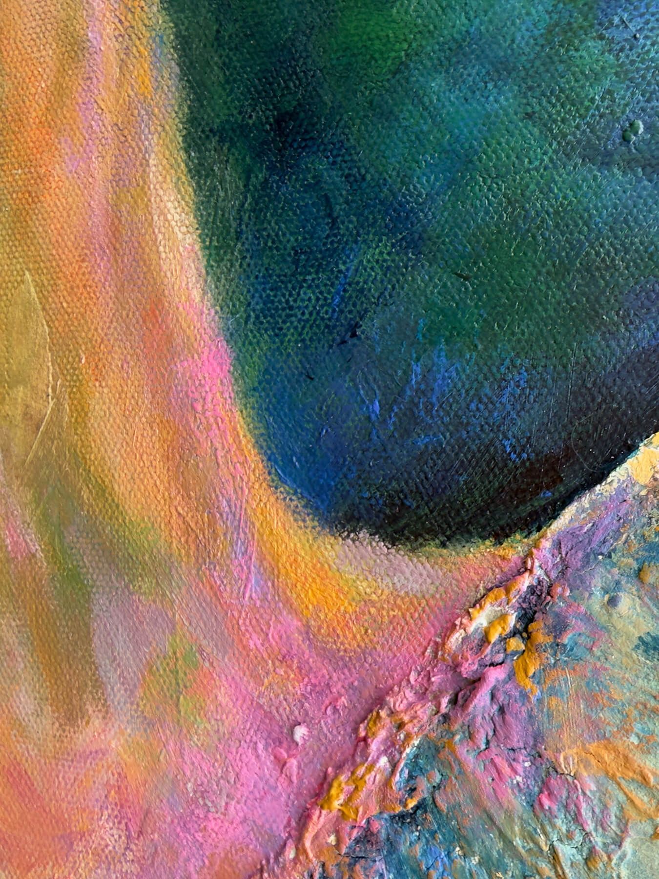 Close-up of abstract mixed-media painting showing a pink and ochre neck and shoulder form against a dark blue-green background.