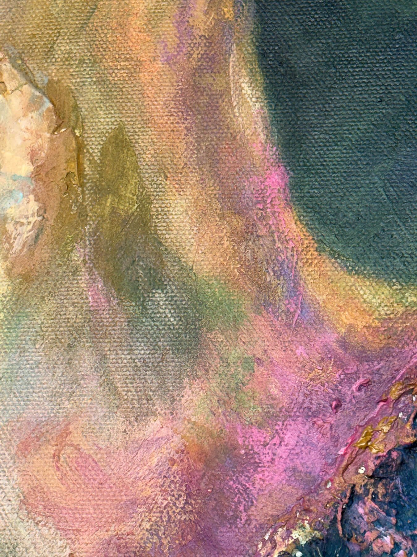Close-up detail of the neck and shoulder area with layered acrylic in muted ochre, pink, green and blue