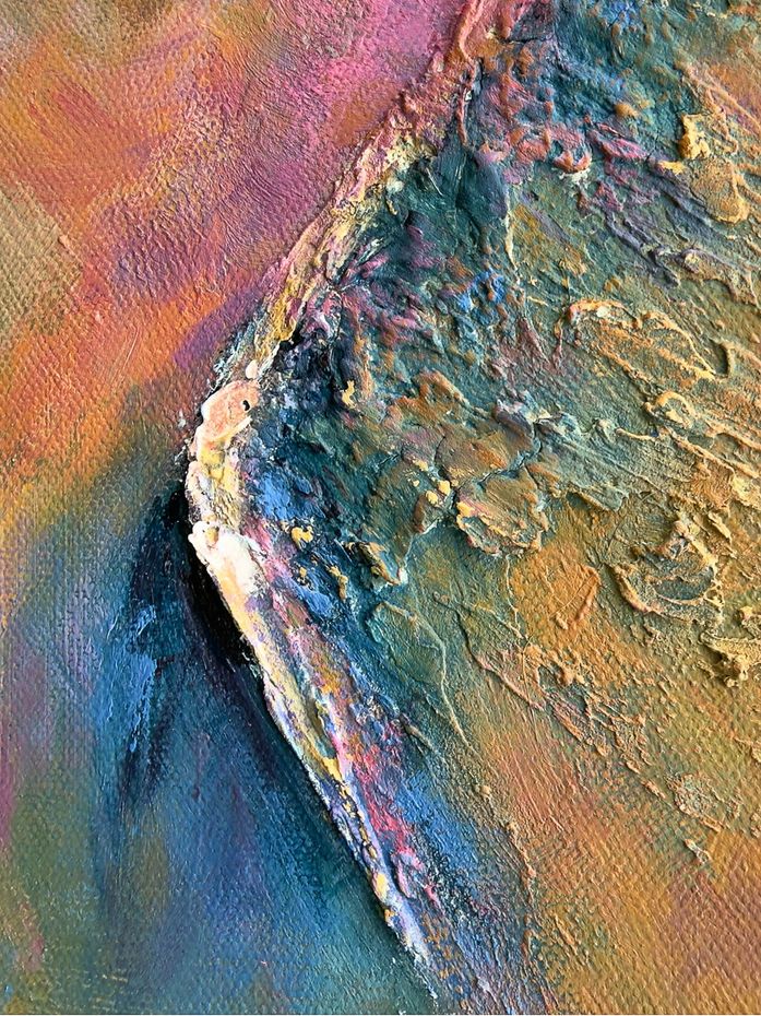 Close-up detail of layered acrylic and plaster showing a raised broken shoulder edge in pink, blue, ochre and green