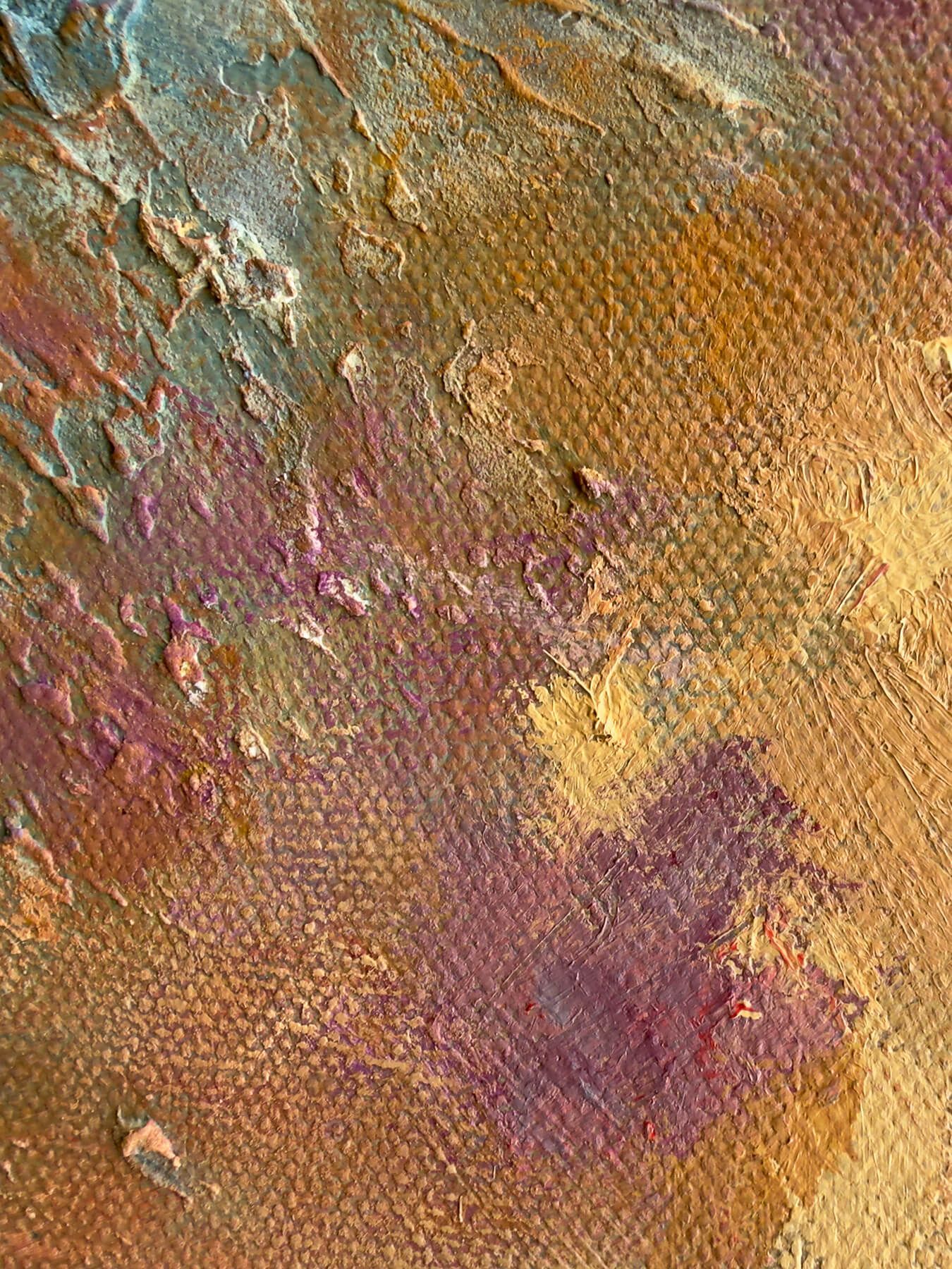 Close-up detail of layered ochre, pink and blue acrylic with subtle plaster texture on canvas.