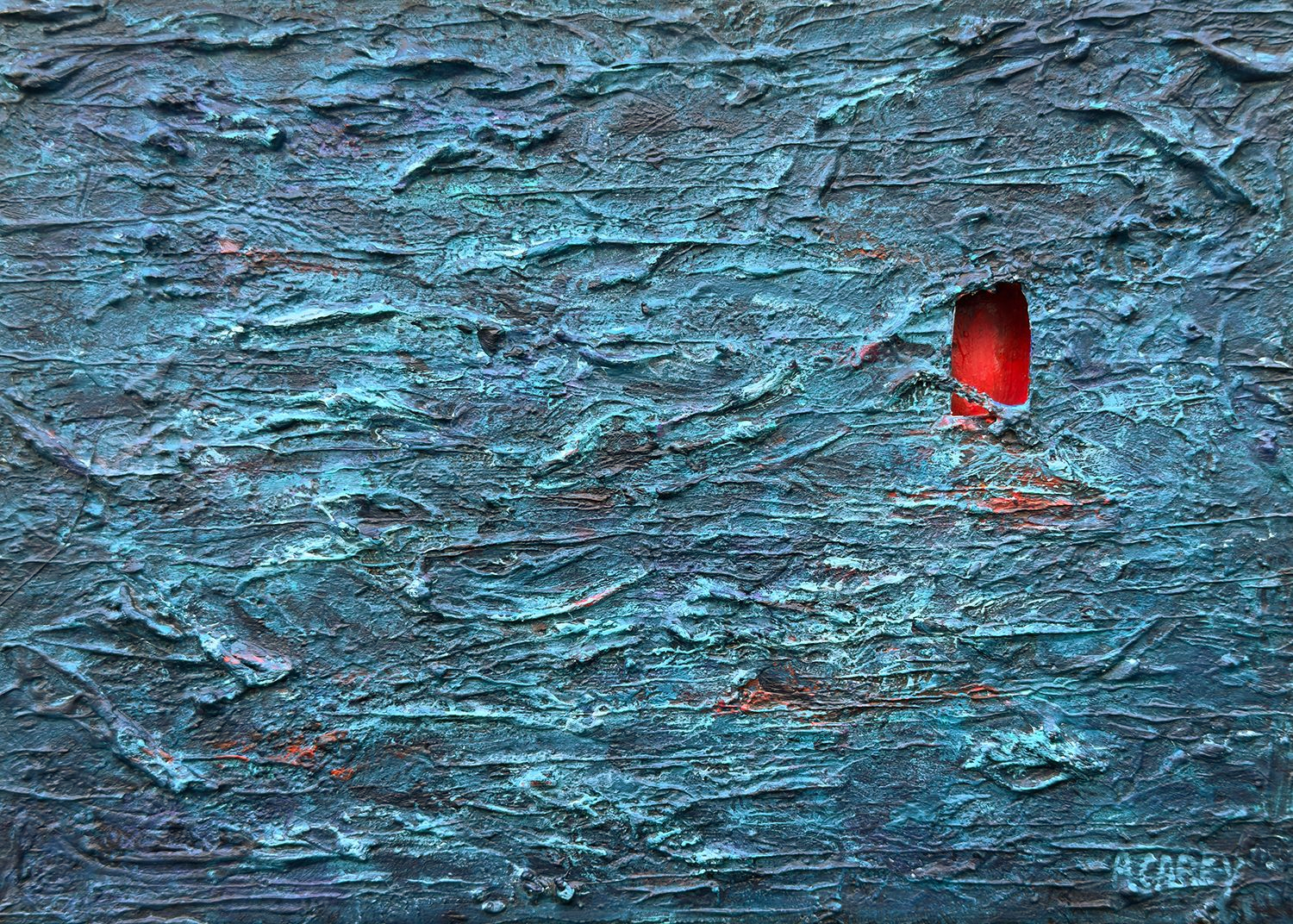 The Lie Was the Door by Anthony Carey, a textured blue mixed-media painting with a small red recess cut into the canvas.
