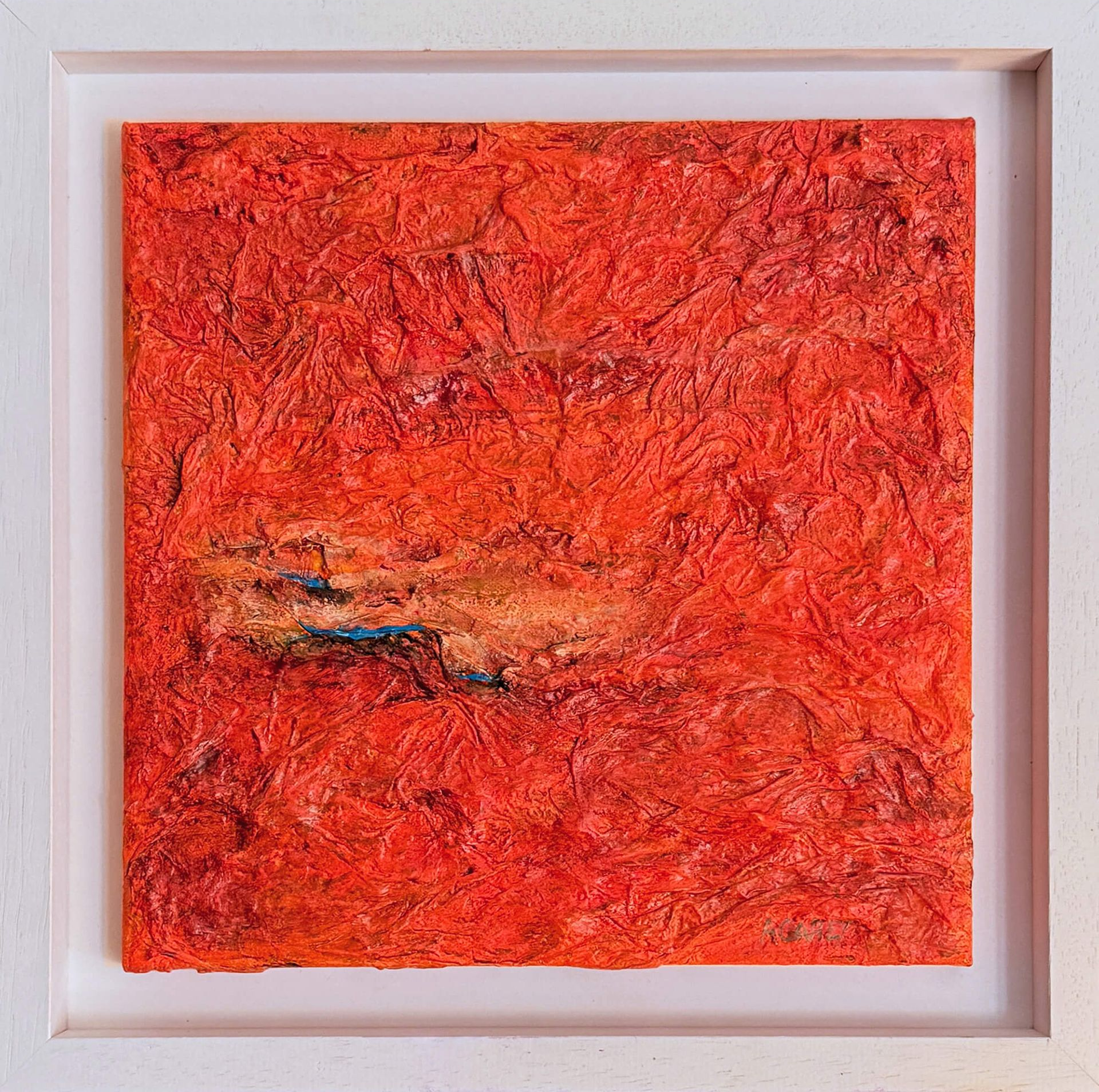 The Last Drop, red acrylic and papier-mâché painting with layered rock-like forms and small blue details.