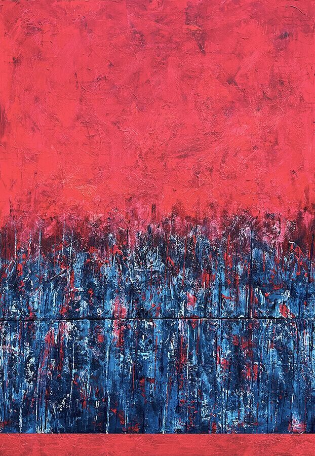 inspired by the collective-unconscious, abstracted figures stand erect under a blood red sky