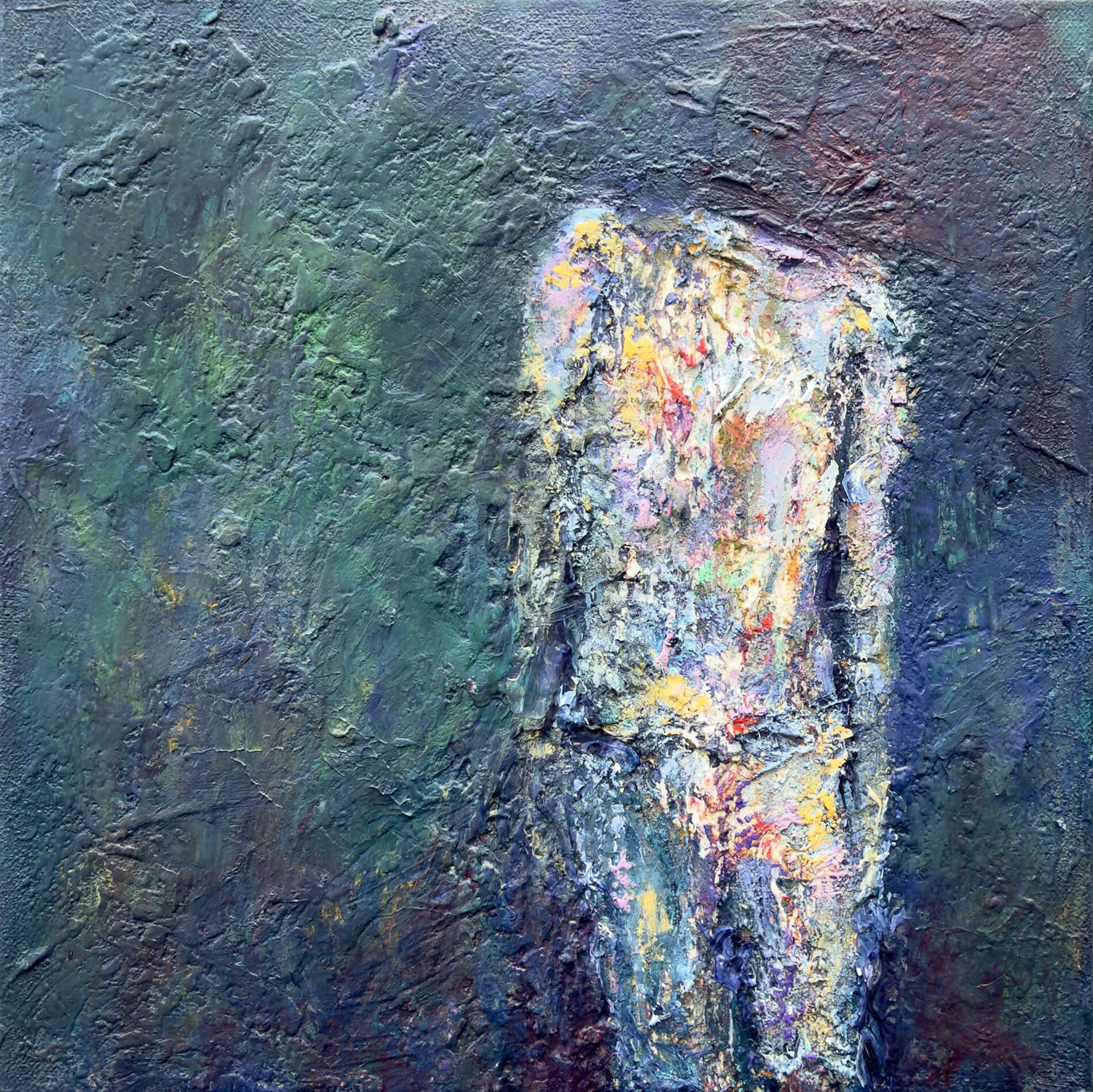 Abstract figurative painting of a tightly cropped headless torso with a raised shoulder, rendered in layered acrylic and plaster with pink, ochre, blue and green