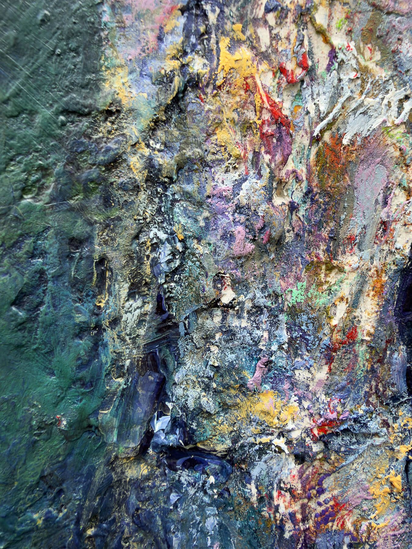 Close-up detail of layered acrylic and plaster showing a heavily textured headless figure merging into a muted green and blue ground.