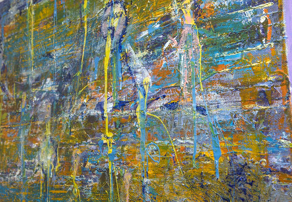 Close-up of Xavier’s Lost Soul showing layered blue, yellow and white marks surrounding a fragmented central figure