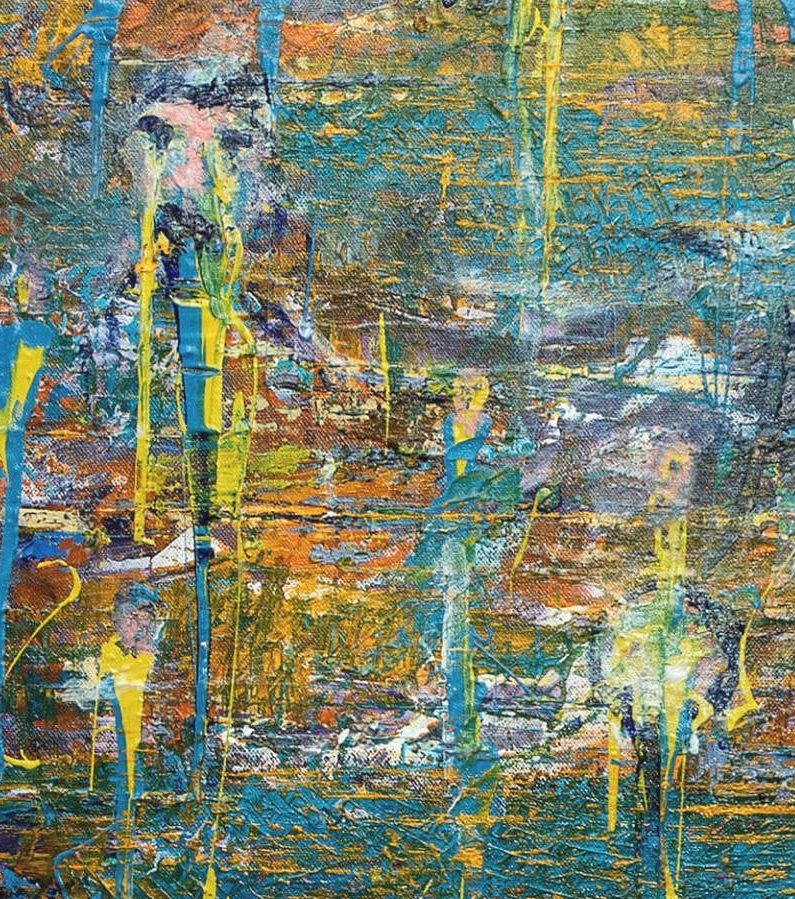 Textured detail of Xavier’s Lost Soul showing a pale figure emerging through scratched layers of blue, ochre and orange paint.