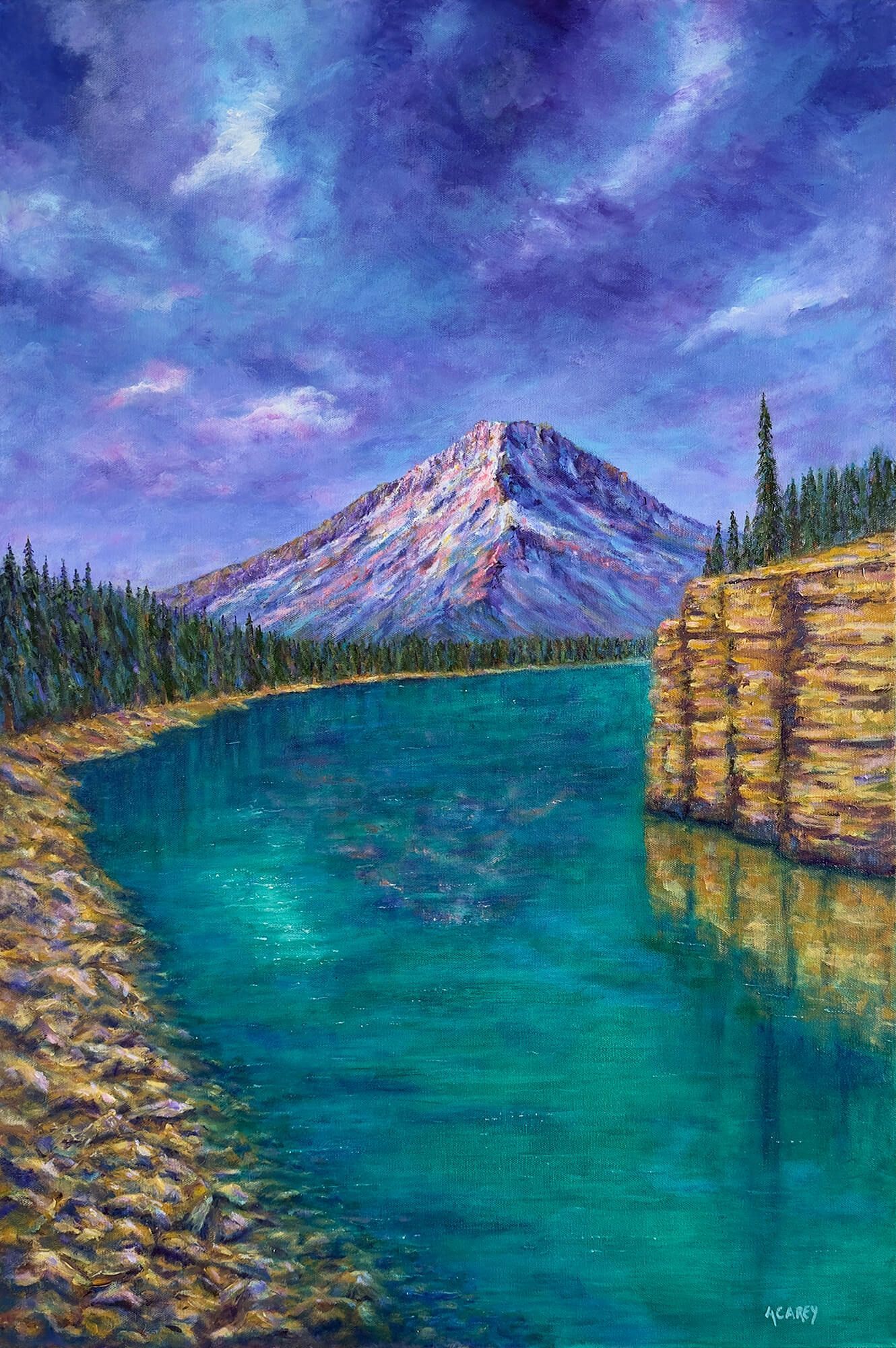 Athabasca River below a rising Rocky Mountain peak, with turquoise water, shoreline, and dramatic purple sky