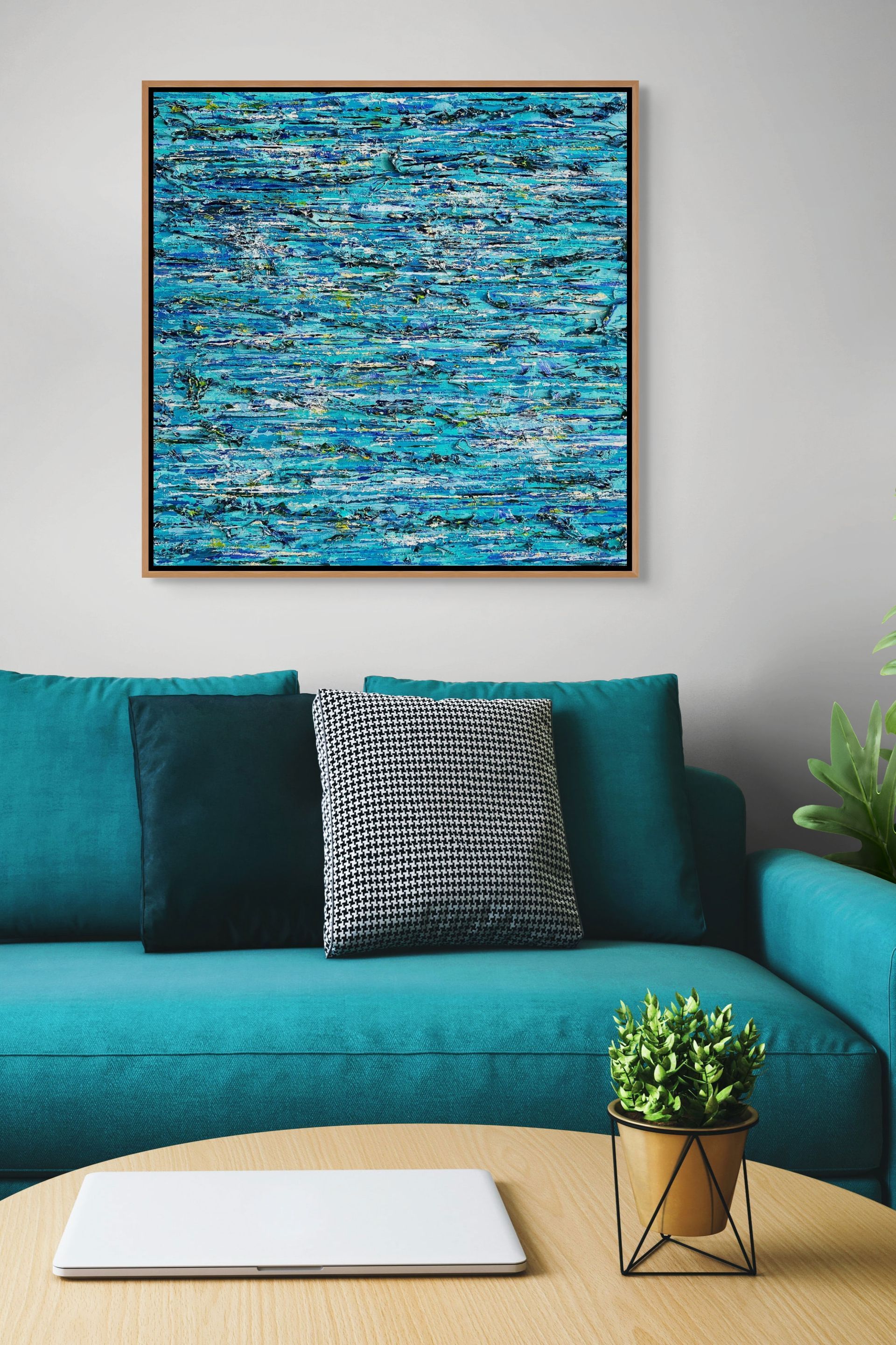 Heavily textured abstract painting in layered turquoise, ocean blues, and soft yellow-greens. Evokes the sensation of still water and remembered warmth.