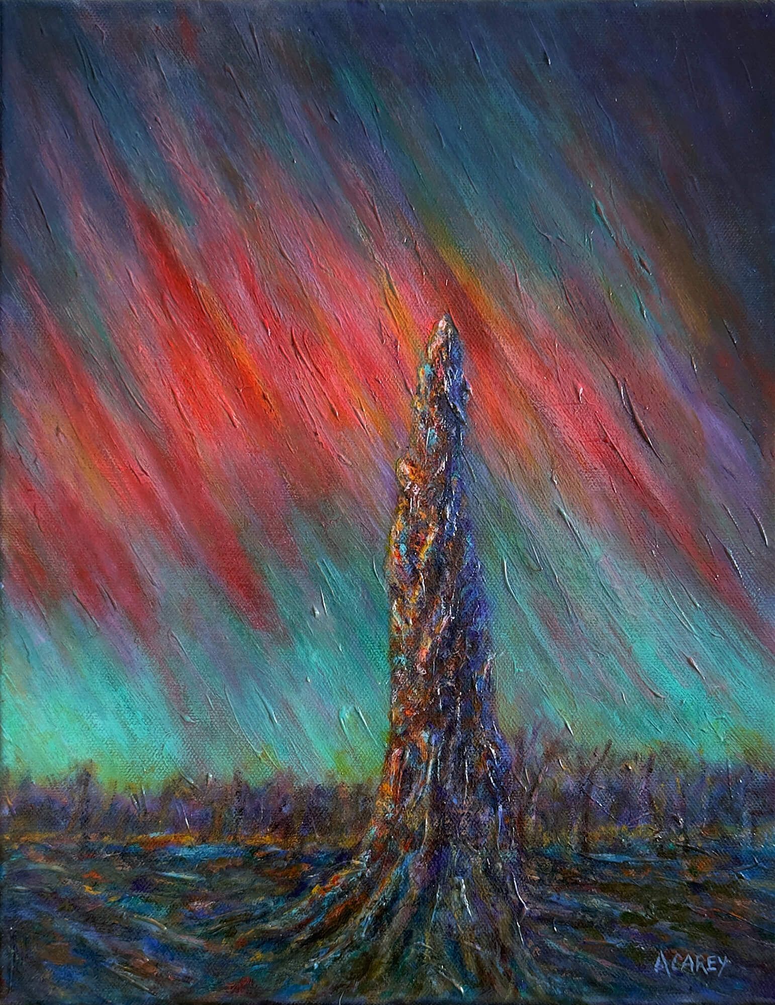 Charred tree beneath the aurora borealis at Elk Island, set in open ground with a strong sense of stillness and endurance