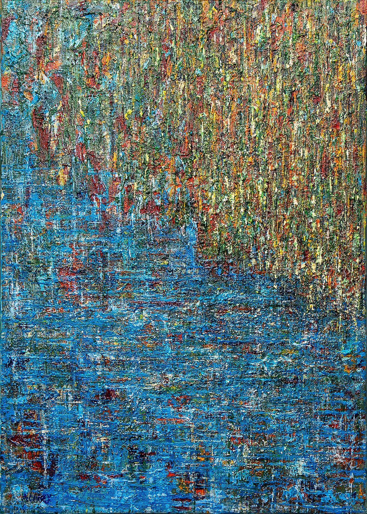 Evening Walks Through Learned Cities, a densely textured abstract painting in blue, green, orange and red.