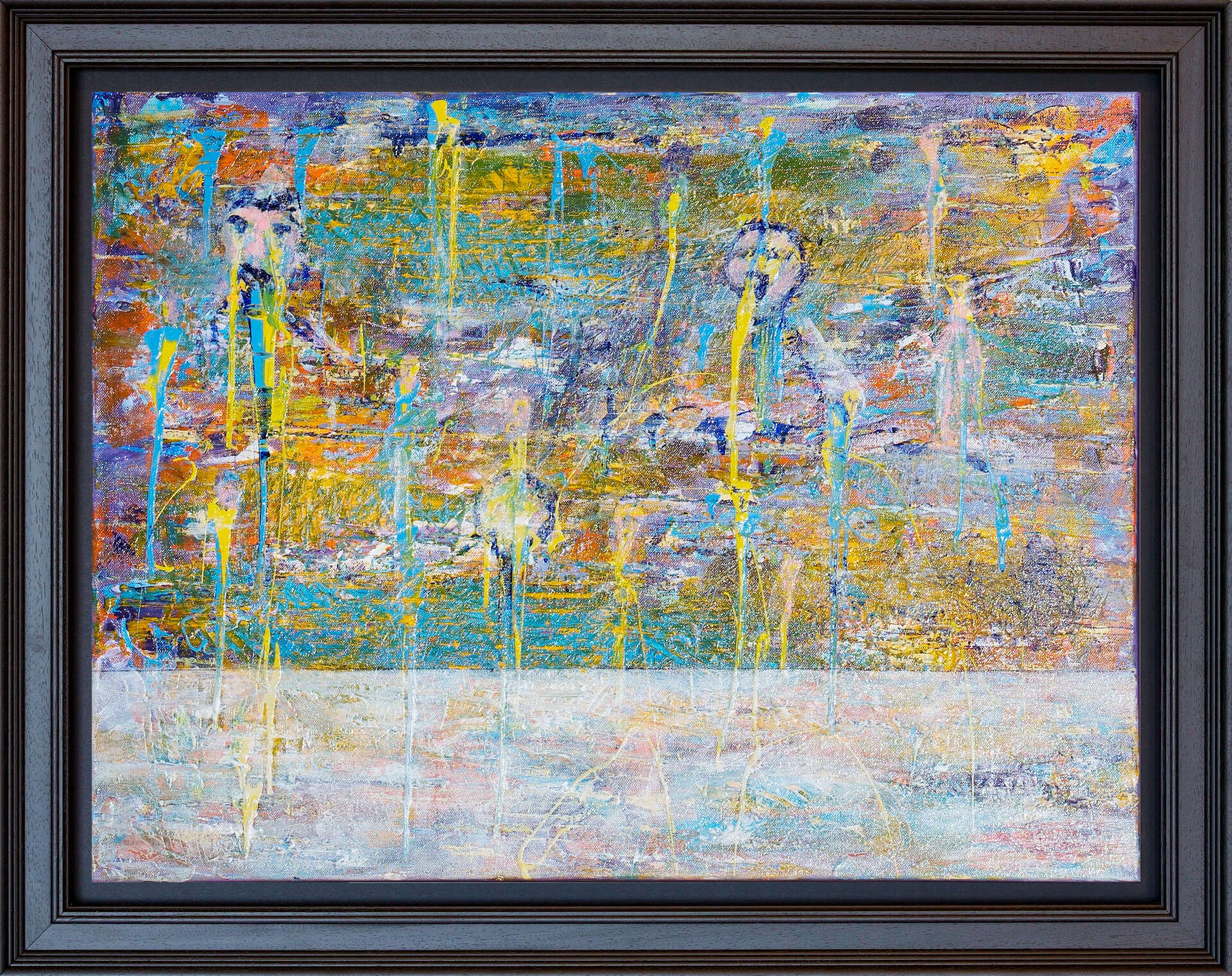 Framed view of Xavier’s Lost Soul, an abstract figurative painting with fragmented figures in layered blue, yellow, orange and white.