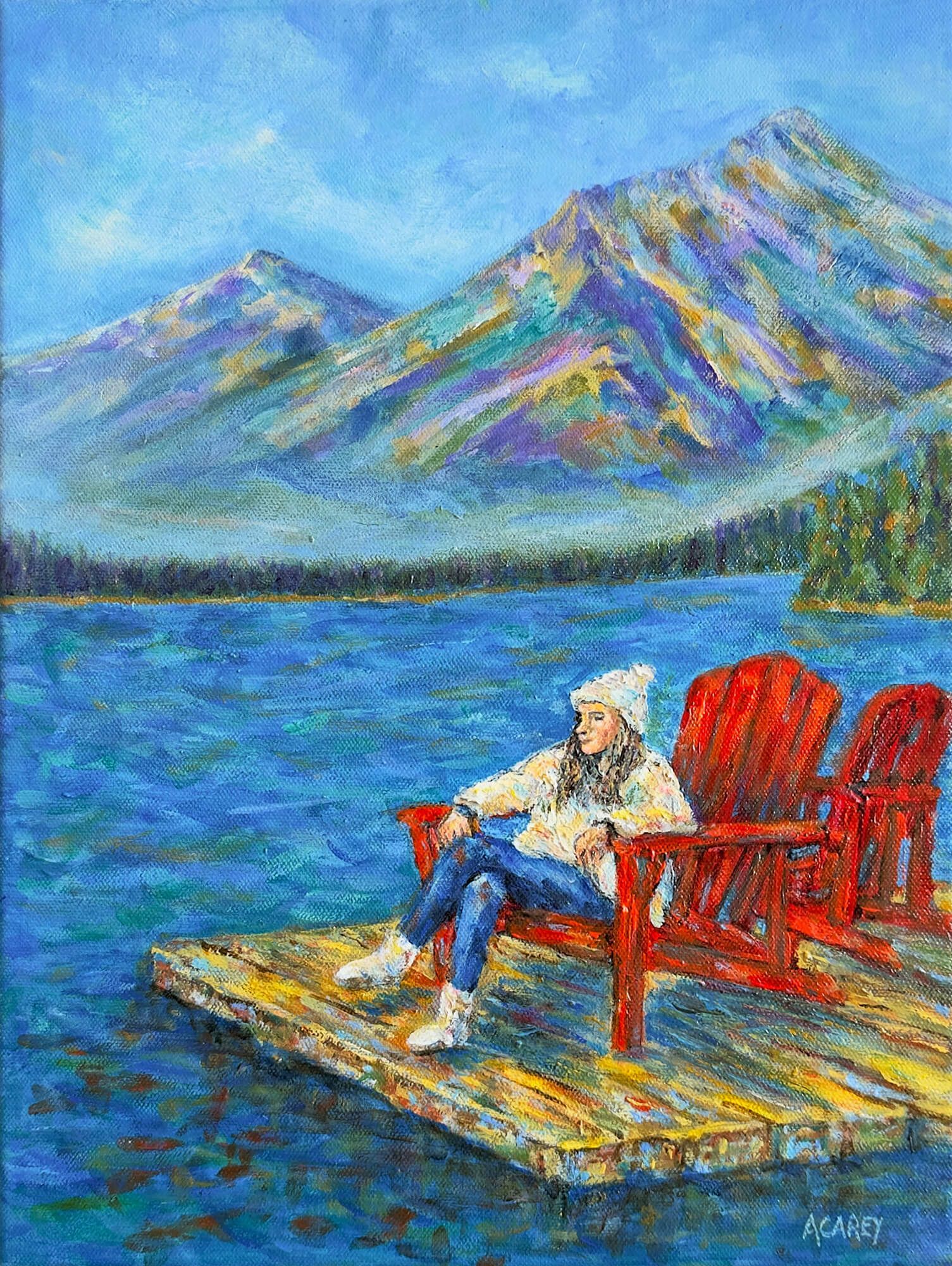 Seated figure at Pyramid Lake in Jasper, with red Muskoka chairs, water, mountain forms, and a sense of warmth and closeness