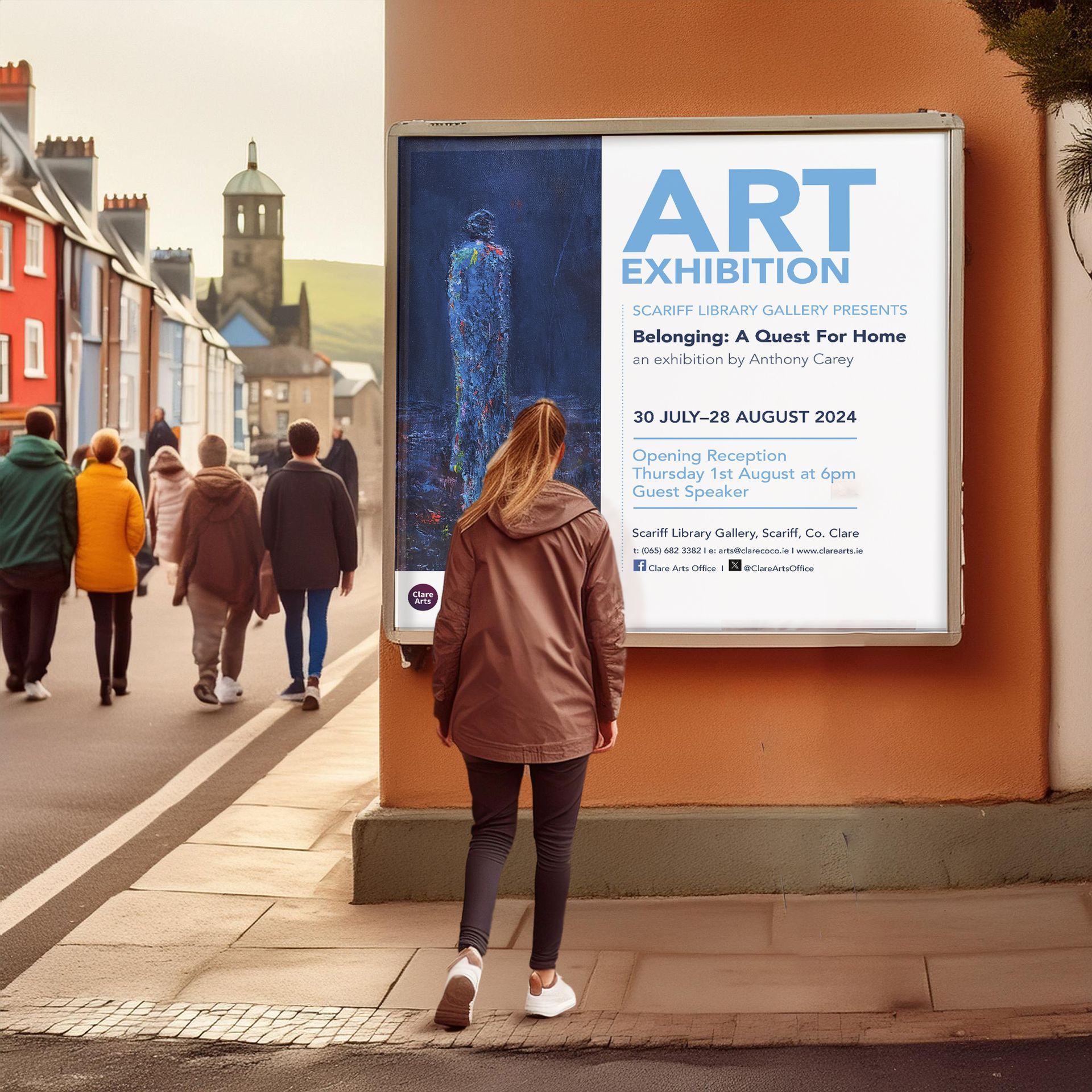 A woman stands viewing a billboard for Belonging: A Quest for Home at Scariff Library Gallery as others pass by.