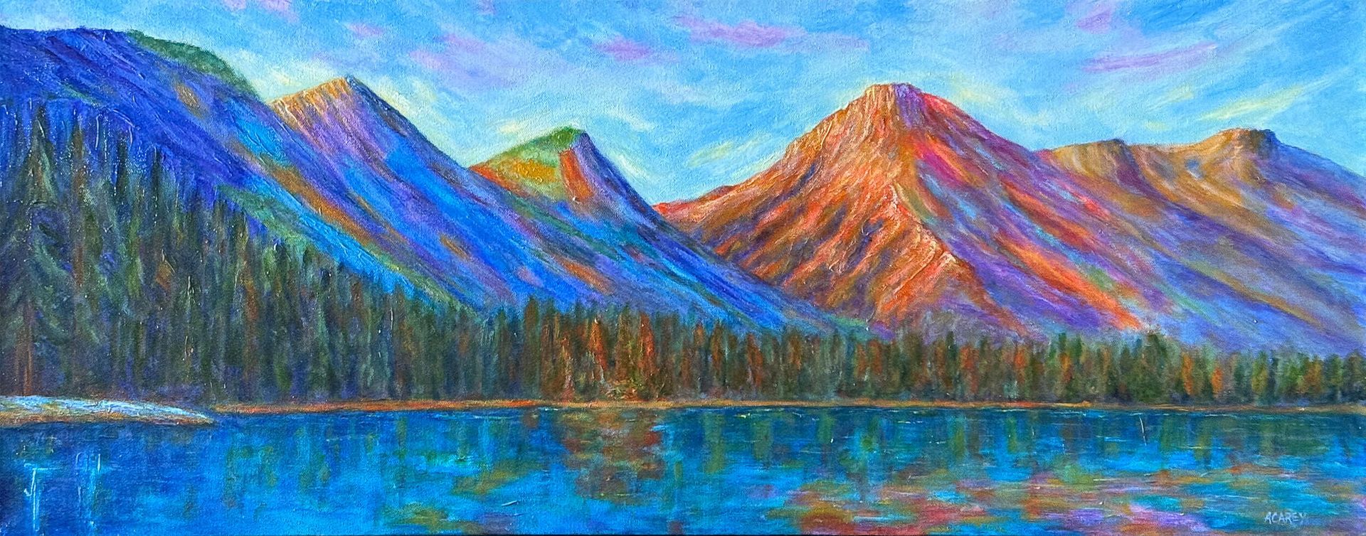 Painting of Rocky Mountain peaks reflected in turquoise water, inspired by places like Emerald Lake, with layered landforms and clear alpine light