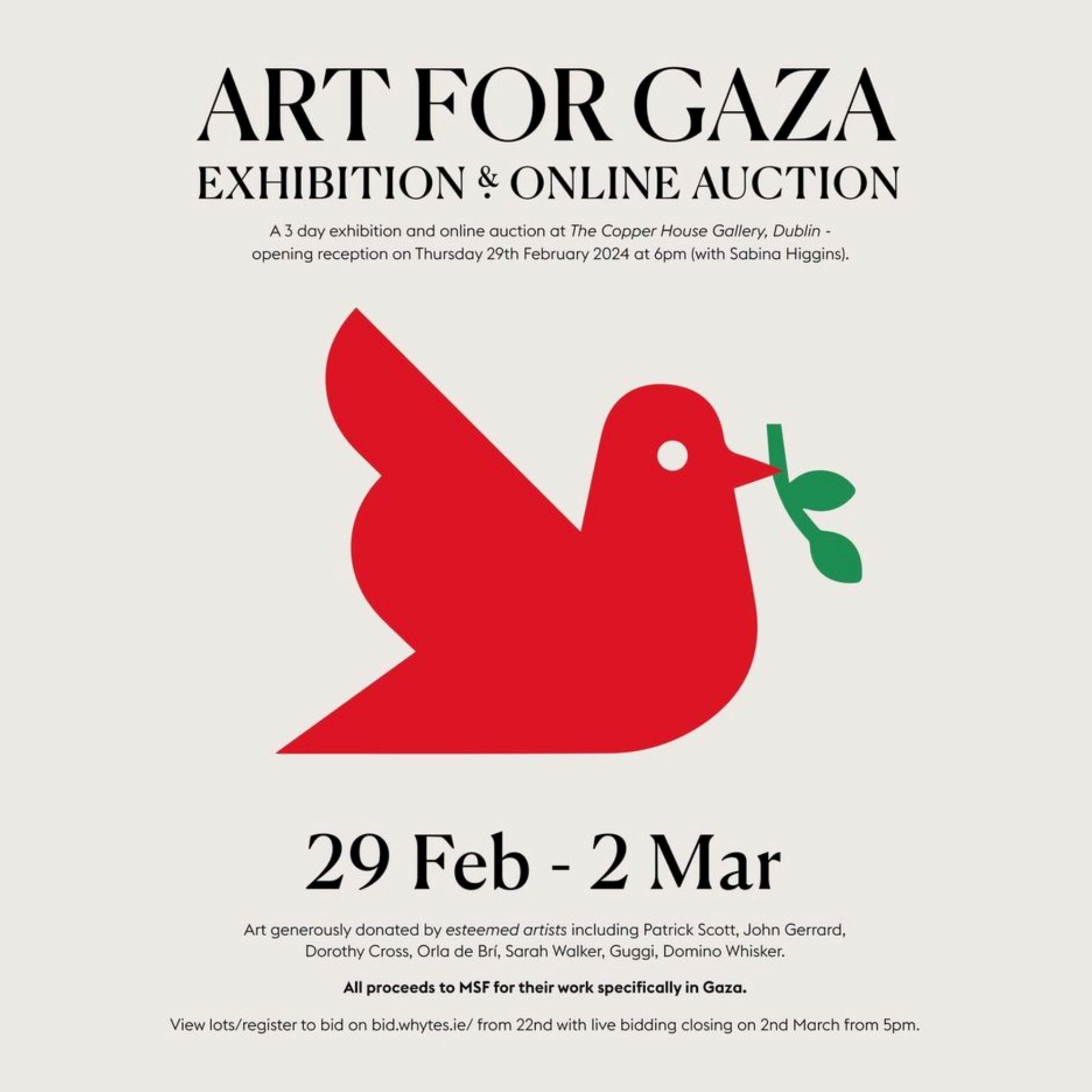 Poster with large red bird with olive branch. Text reads Art For Gaza, Exhibition and online auction