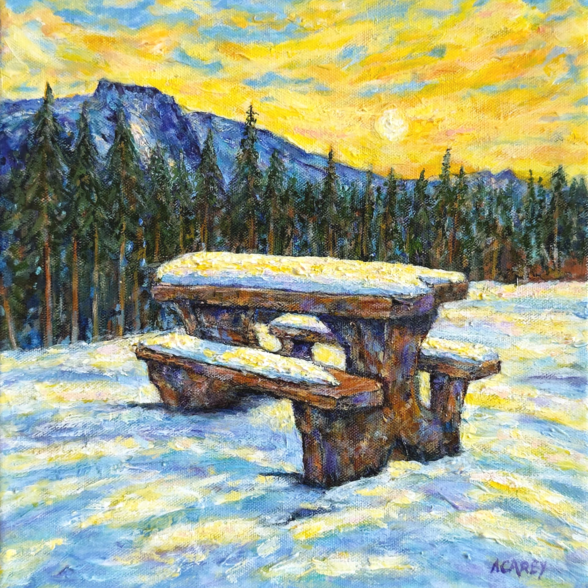 Winter landscape in Alberta with snow, dark trees, distant mountains, and a burst of yellow light across the foreground