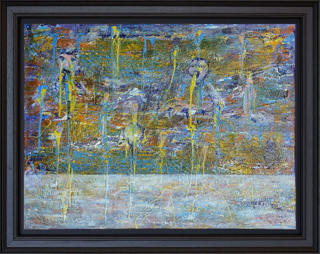 Xavier’s Lost Soul, a framed abstract figurative painting in blue, yellow and muted earth tones with elongated figures.