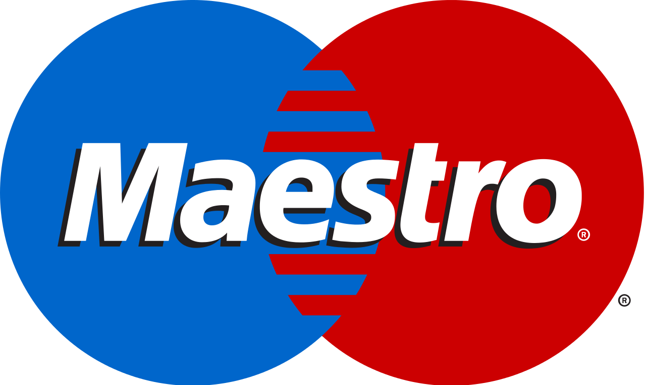 Et blåt og rødt maestro-logo på en hvid baggrund