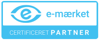 A blue and white logo for e-mærket certifieret partner