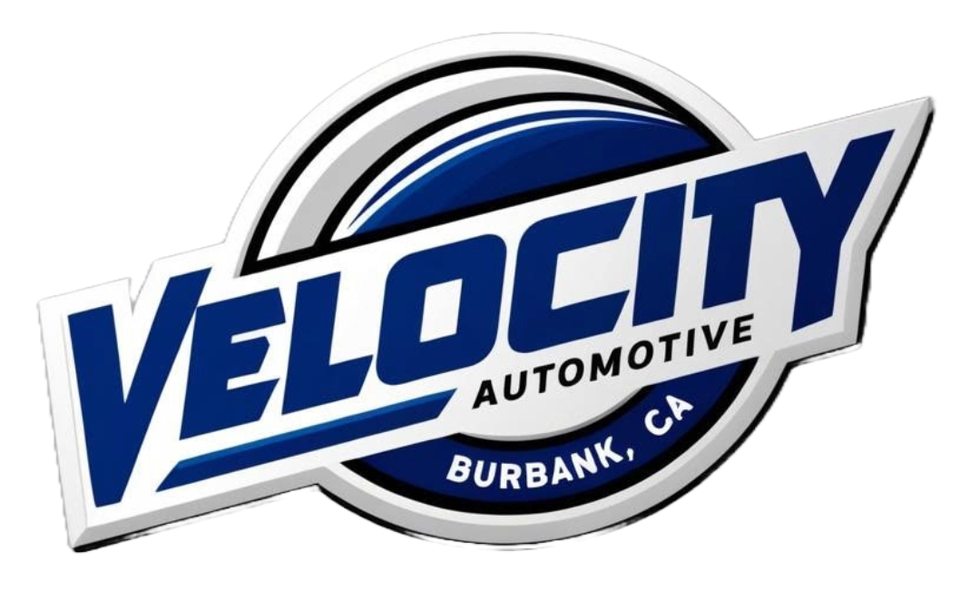 Velocity Automotive logo with blue text and a black-and-silver circular emblem, Burbank, CA