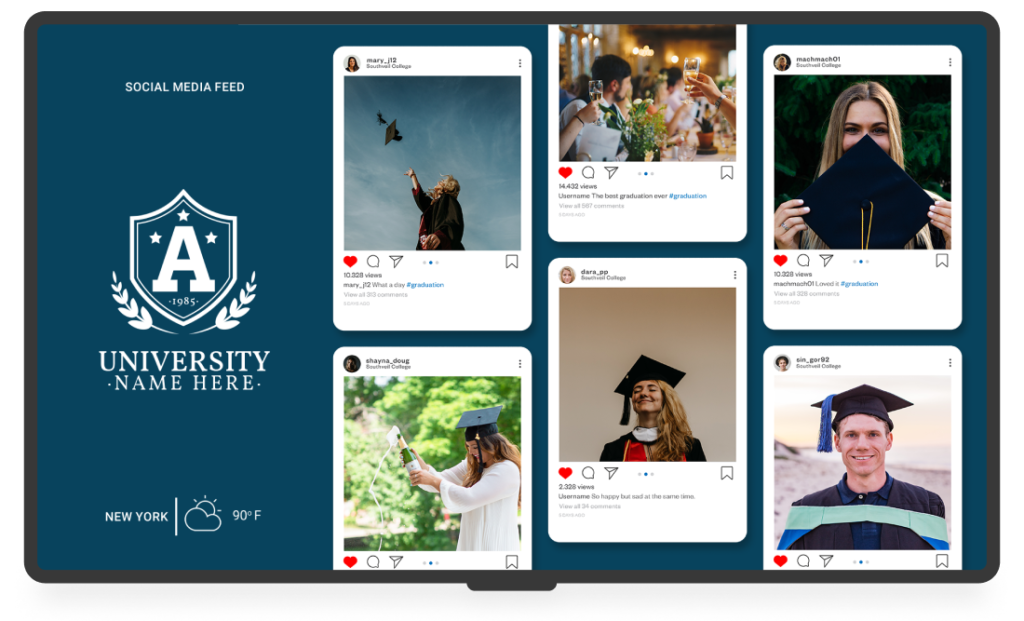 Scherm met berichten van sociale media van een universiteit. Foto's van studenten die hun afstuderen vieren. Links staat het logo van de universiteit.