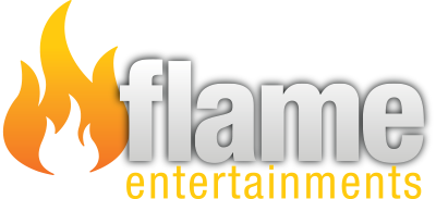 Logo for Flame Entertainments with an orange flame graphic next to the word "flame" in silver and "entertainments" below.
