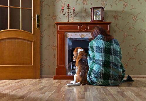 Woman and Beagle looking at a decorative fireplace; wooden door and floral wallpaper in background.