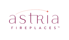 Astria Fireplaces logo in burgundy with curved line and star. Text reads